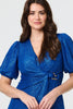 Blue | Sparkly Short Sleeve Belted Wrap Dress