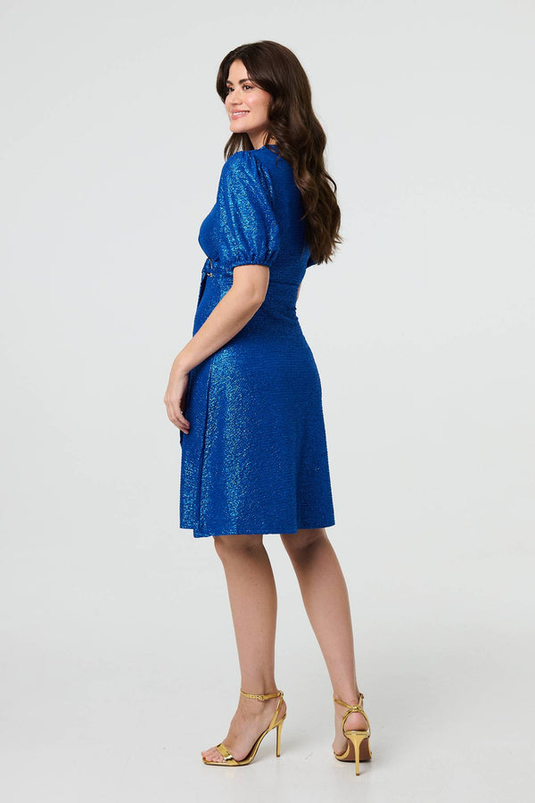 Blue | Sparkly Short Sleeve Belted Wrap Dress