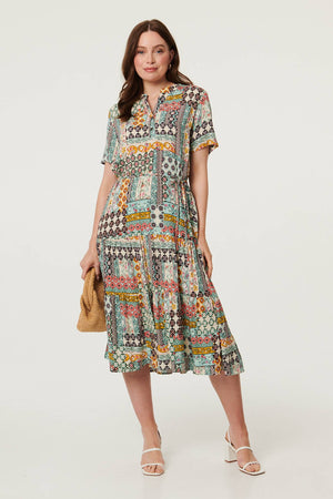 Sage | Abstract Short Sleeve Tie Midi Dress
