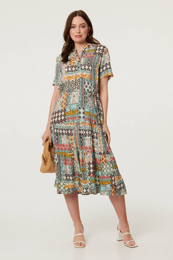 Sage | Abstract Short Sleeve Tie Midi Dress