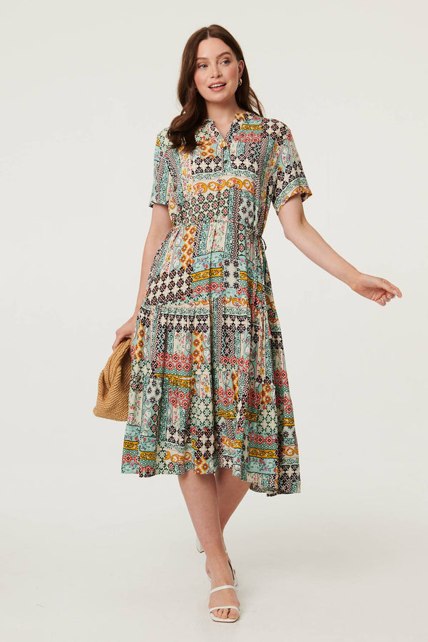 Sage | Abstract Short Sleeve Tie Midi Dress