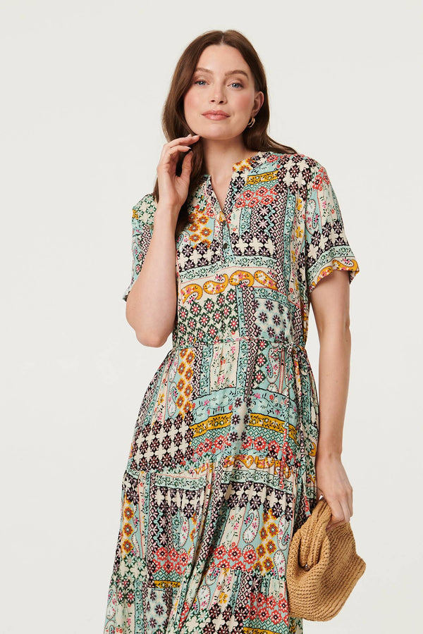 Sage | Abstract Short Sleeve Tie Midi Dress