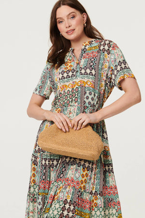 Sage | Abstract Short Sleeve Tie Midi Dress