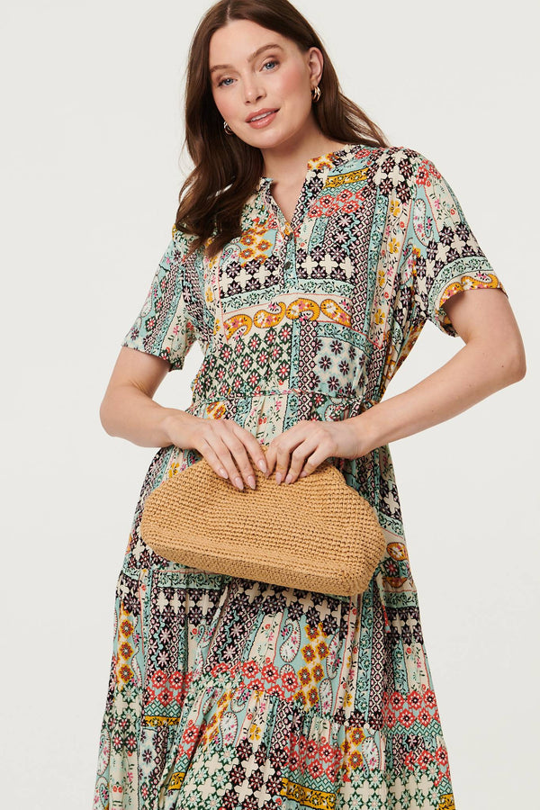 Sage | Abstract Short Sleeve Tie Midi Dress