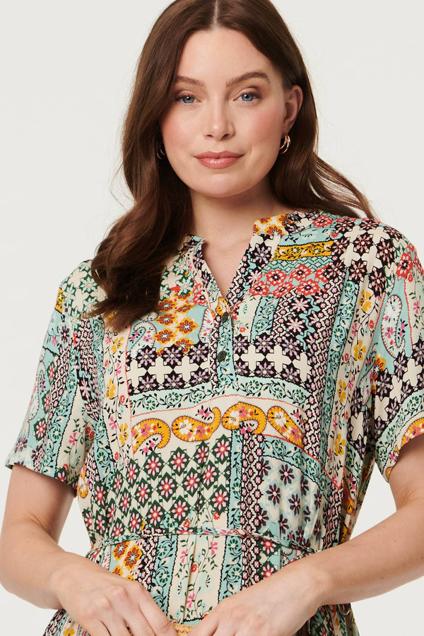 Sage | Abstract Short Sleeve Tie Midi Dress