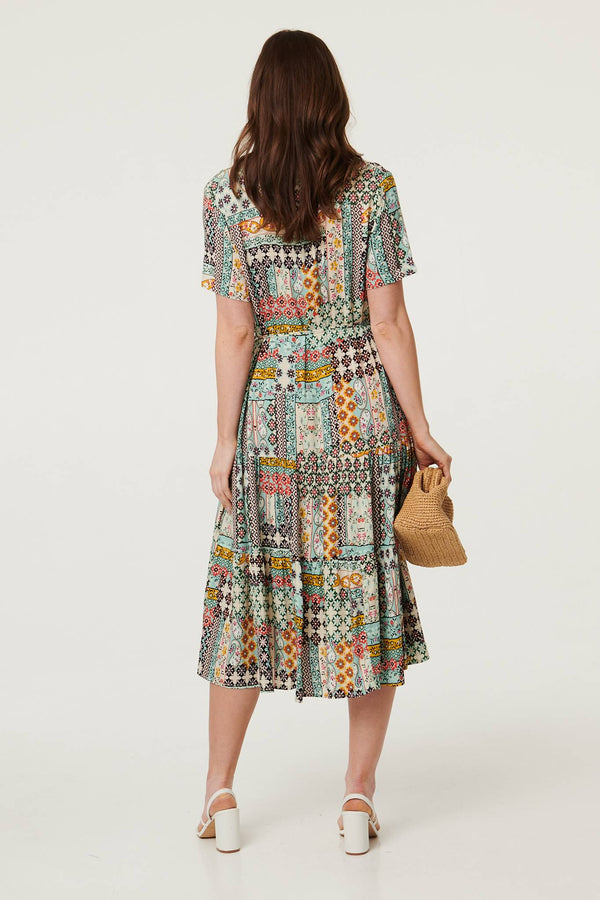 Sage | Abstract Short Sleeve Tie Midi Dress