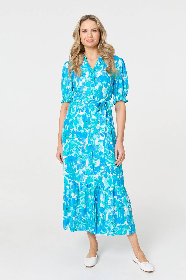Blue | Printed 1/2 Puff Sleeve Tie Waist Maxi Dress
