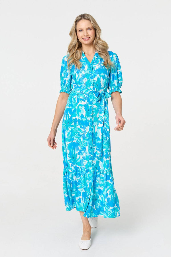 Blue | Printed 1/2 Puff Sleeve Tie Waist Maxi Dress
