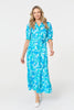 Blue | Printed 1/2 Puff Sleeve Tie Waist Maxi Dress
