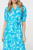 Blue | Printed 1/2 Puff Sleeve Tie Waist Maxi Dress
