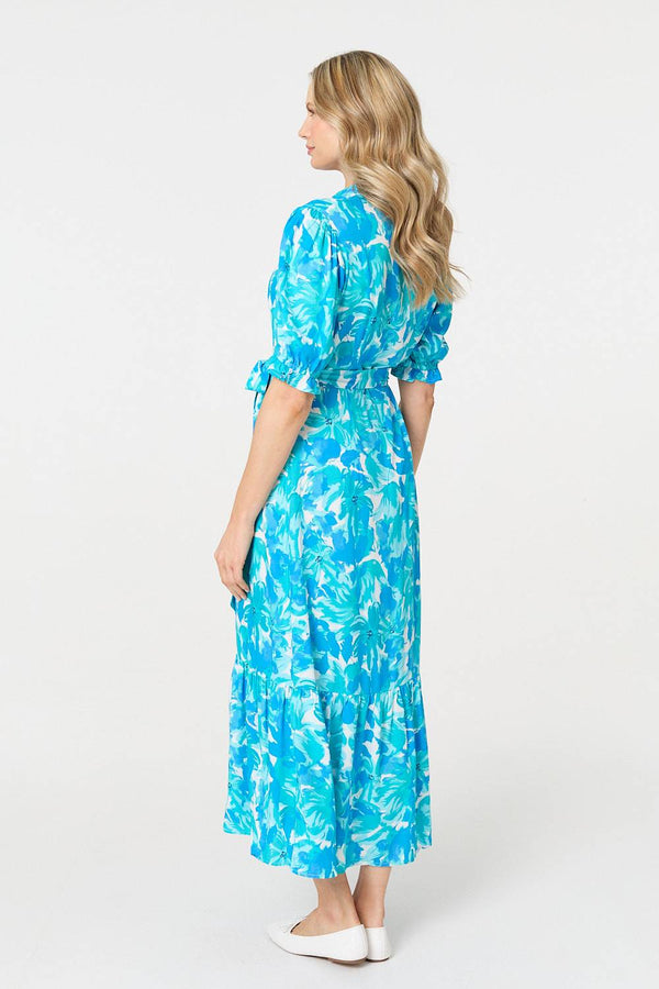 Blue | Printed 1/2 Puff Sleeve Tie Waist Maxi Dress
