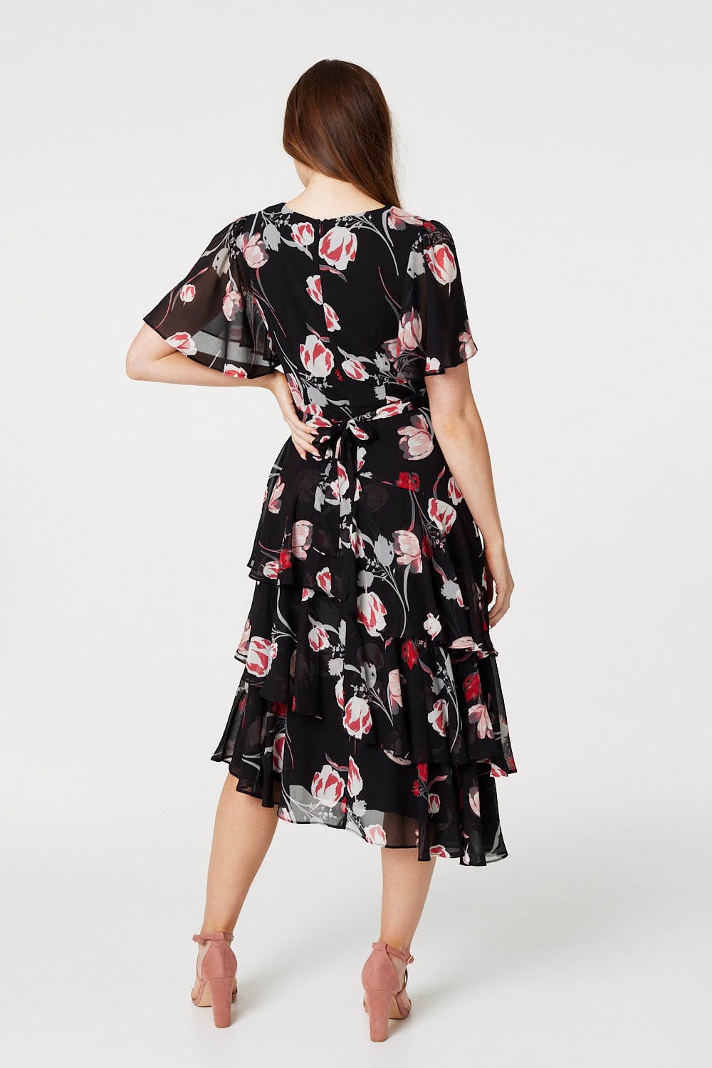 Black | Floral Wrap Detail Midi Dress