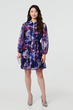 Blue | Floral Tie Waist Mini Shirt Dress
