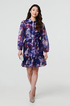 Blue | Floral Tie Waist Mini Shirt Dress
