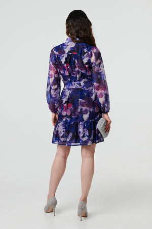 Blue | Floral Tie Waist Mini Shirt Dress
