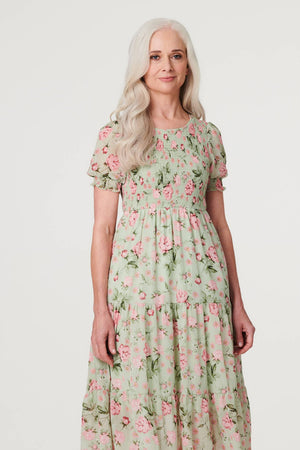 Sage | Floral Puff Sleeve Smock Dress