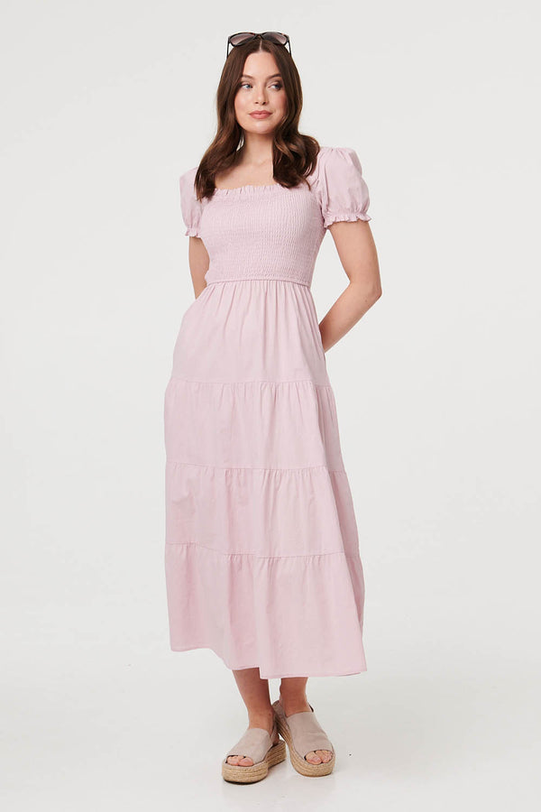 Pink | Tiered Shirred Puff Sleeve Midi Dress