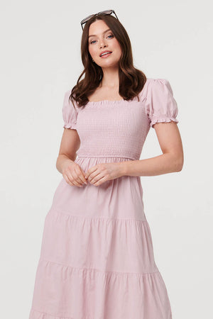Pink | Tiered Shirred Puff Sleeve Midi Dress