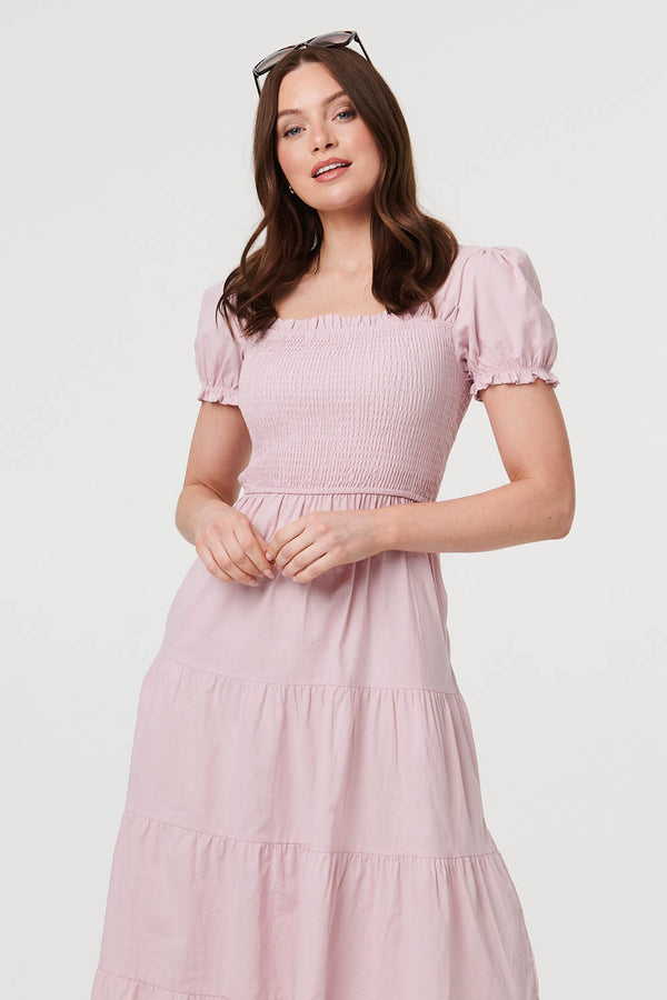 Pink | Tiered Shirred Puff Sleeve Midi Dress
