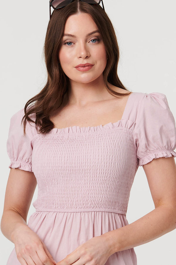 Pink | Tiered Shirred Puff Sleeve Midi Dress