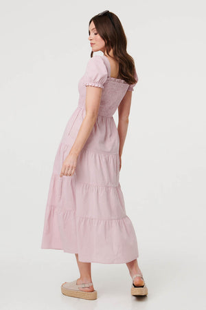 Pink | Tiered Shirred Puff Sleeve Midi Dress