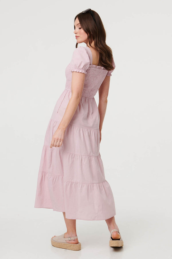 Pink | Tiered Shirred Puff Sleeve Midi Dress
