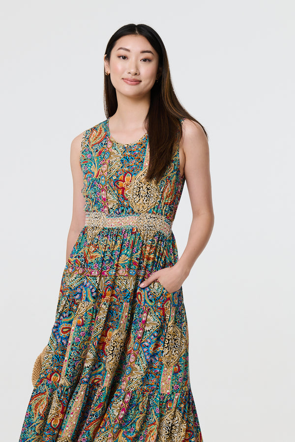 Beige | Mosaic Print Sleeveless Midi Smock Dress
