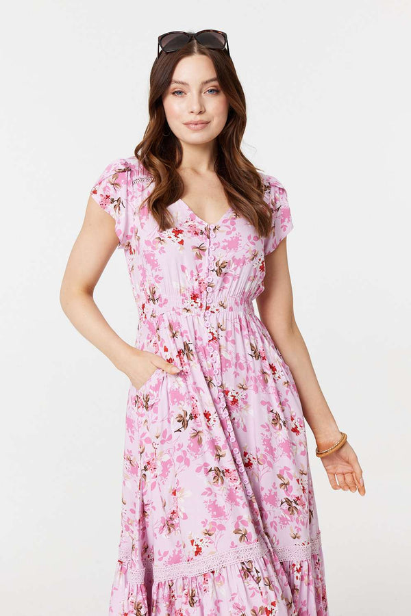 Pink | Floral Print Cap Sleeve Midi Dress