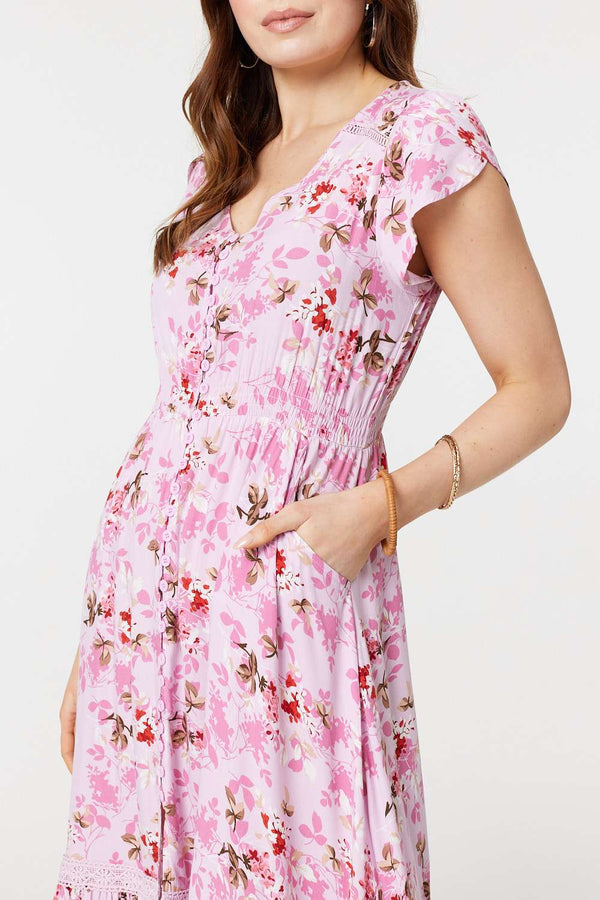 Pink | Floral Print Cap Sleeve Midi Dress