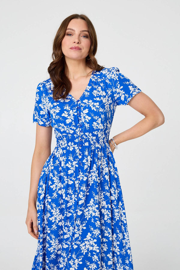 Blue | Ditsy Floral Shirred V-Neck Maxi Dress