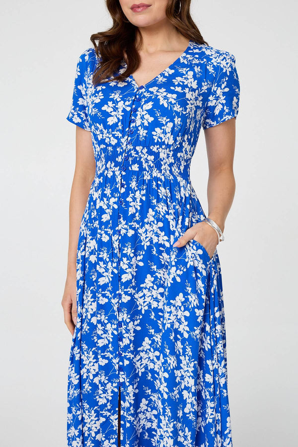 Blue | Ditsy Floral Shirred V-Neck Maxi Dress
