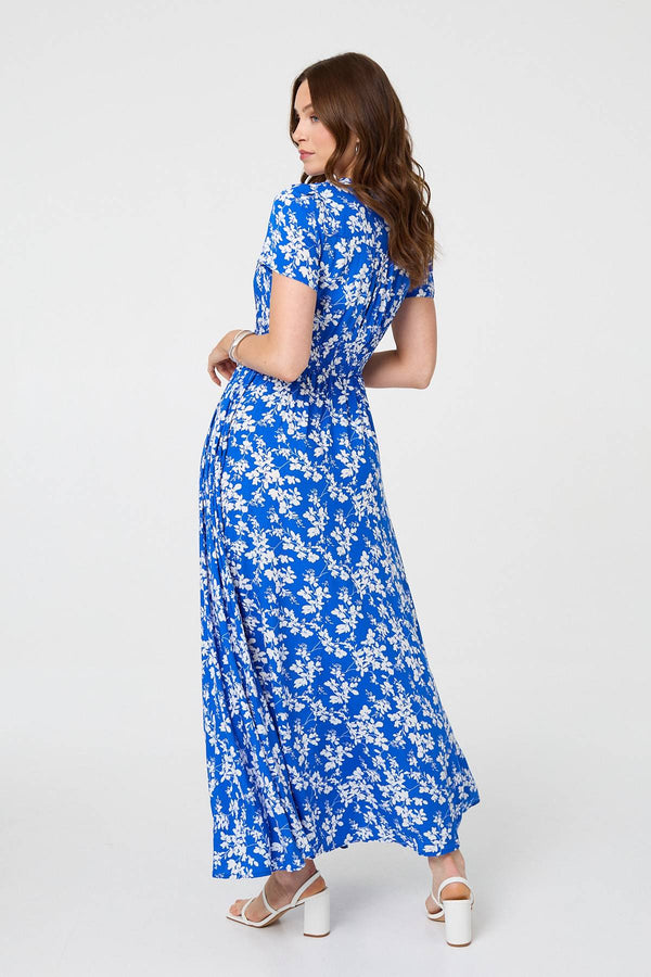 Blue | Ditsy Floral Shirred V-Neck Maxi Dress