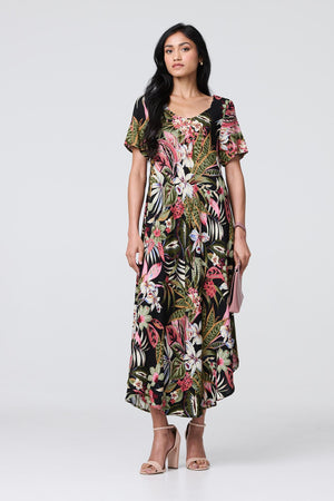 Black | Tropical Print 1/2 Sleeve Maxi Dress