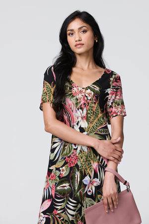 Black | Tropical Print 1/2 Sleeve Maxi Dress
