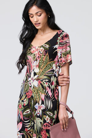Black | Tropical Print 1/2 Sleeve Maxi Dress