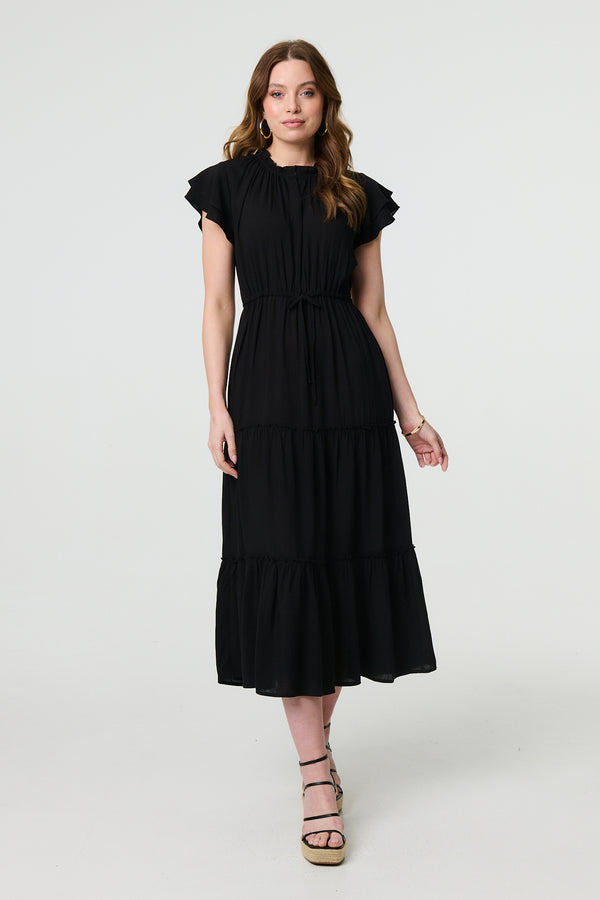 Black | Ruched Tiered Cap Sleeve Midi Dress
