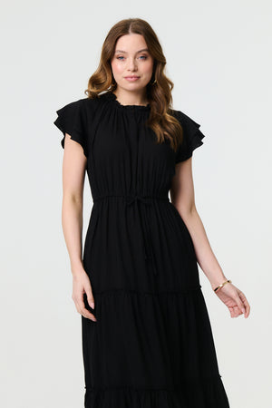 Black | Ruched Tiered Cap Sleeve Midi Dress
