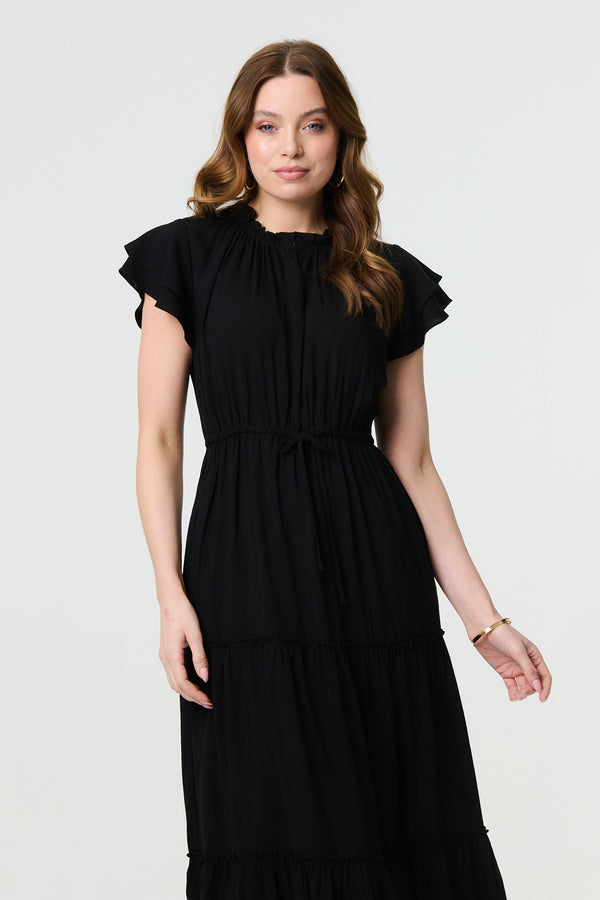 Black | Ruched Tiered Cap Sleeve Midi Dress
