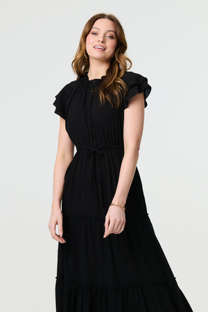 Black | Ruched Tiered Cap Sleeve Midi Dress

