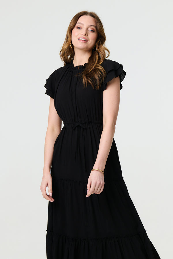 Black | Ruched Tiered Cap Sleeve Midi Dress
