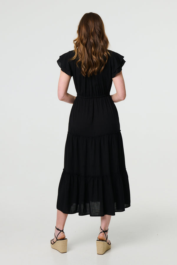 Black | Ruched Tiered Cap Sleeve Midi Dress
