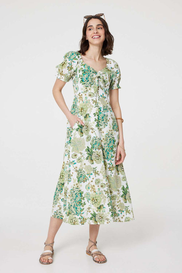 Green | Floral Tie-Front Short Sleeve Midi Dress