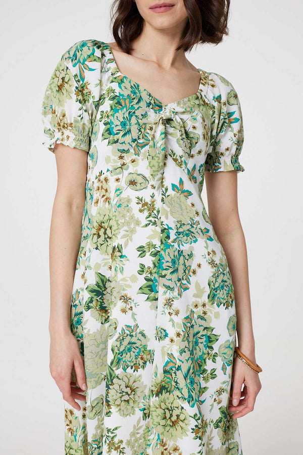 Green | Floral Tie-Front Short Sleeve Midi Dress