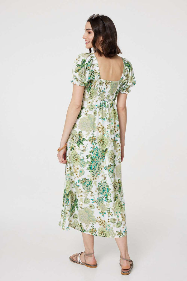 Green | Floral Tie-Front Short Sleeve Midi Dress