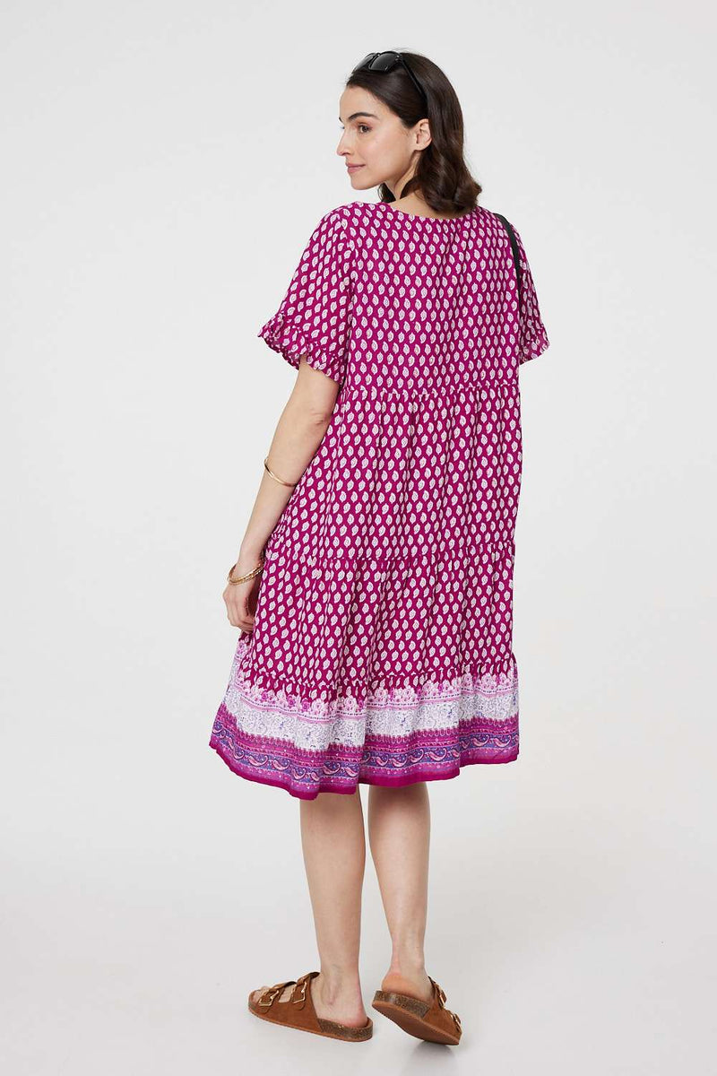 Printed Short Sleeve Tiered Smock Dress Izabel London