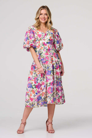 Pink | Floral 1/2 Puff Sleeve Midi Dress : Model is 5'10