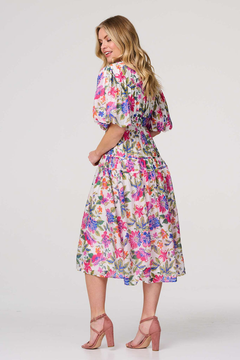 Floral 1/2 Puff Sleeve Midi Dress | Izabel London Floral 1/2 Puff Sleeve Midi Dress | Izabel London