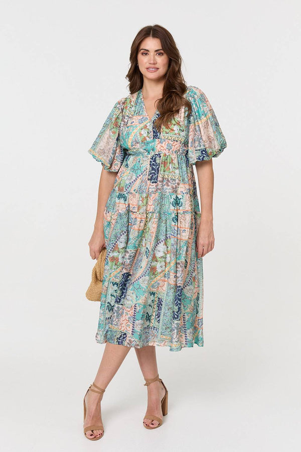 Green | Patchwork Print 1/2 Puff Sleeve Midi Dress : Model is 5'9"/175 cm and wears UK10/EU38/US6/AUS10
