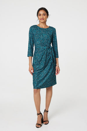 Green | Animal Print Knot 3/4 Sleeve Short Dress : Model is 5'8