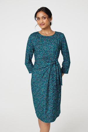 Green | Animal Print Knot 3/4 Sleeve Short Dress
